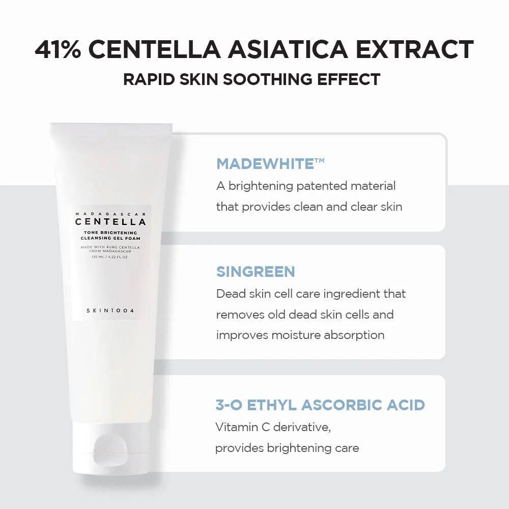 Madagascar Centella Tone Brightening Cleansing Gel Foam, 125Ml